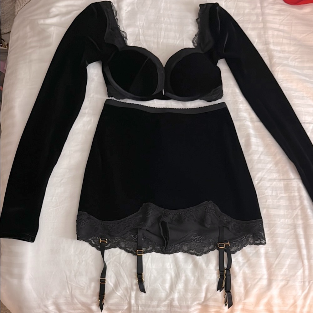 Victoria Secret Black Velvet Lingerie Set with Lace Trim